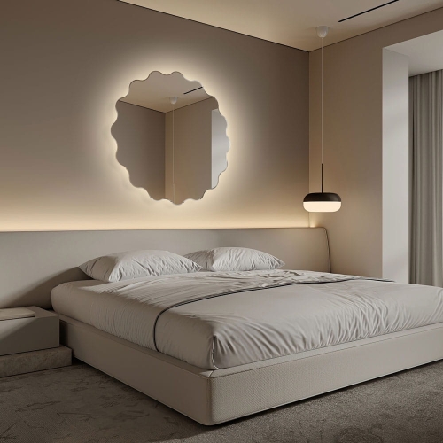 Lustro-podswietlane-faliste-kolo-Holly-nad-lozkiem-w-sypialni.-HAZEL DESIGN.jpg